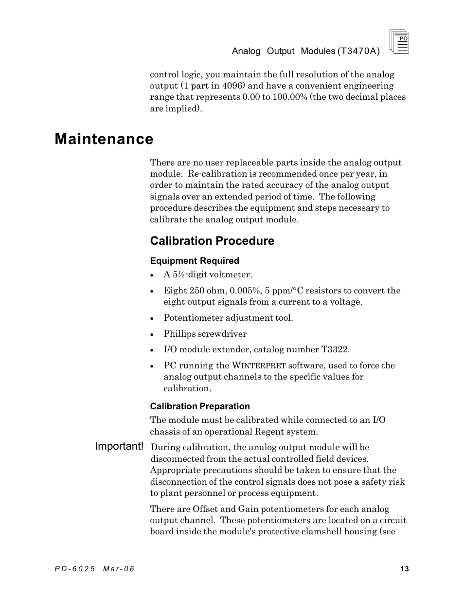 Maintenance, Calibration procedure, Important | Rockwell Automation T3470A ICS Regent Analogue Output Modules User Manual | Page 13 / 18