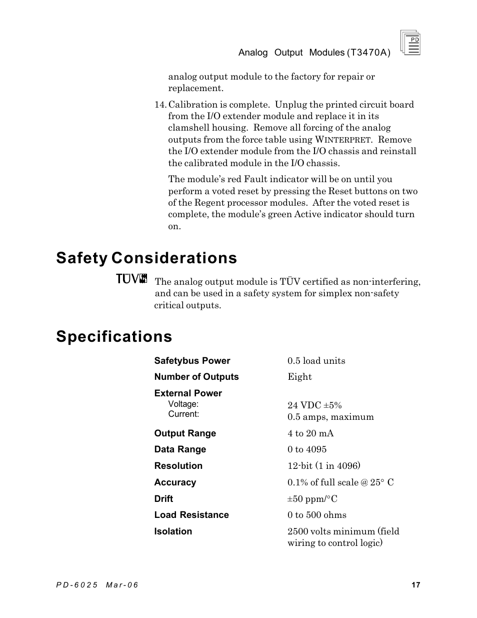 Safety considerations, Specifications | Rockwell Automation T3470A ICS Regent Analogue Output Modules User Manual | Page 17 / 18