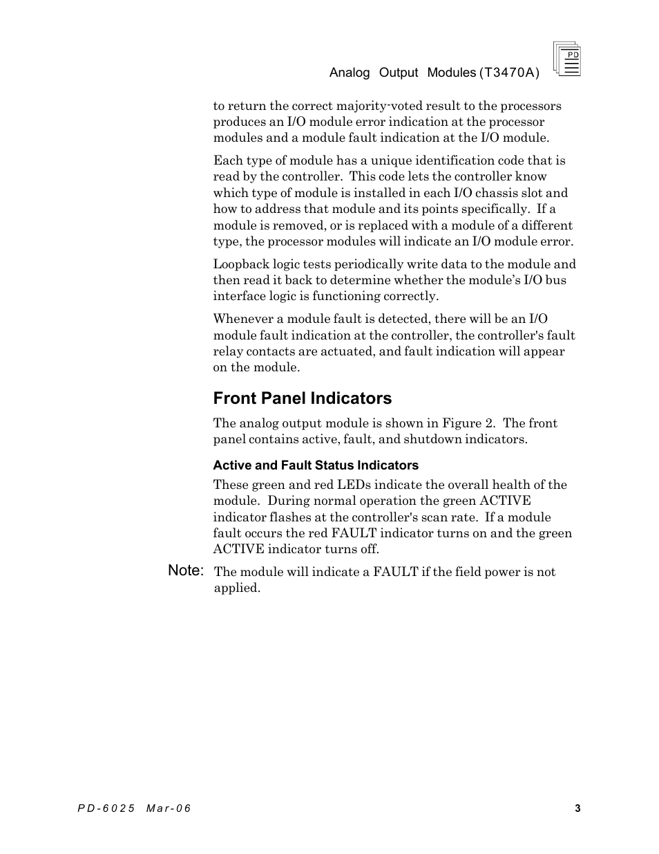 Front panel indicators | Rockwell Automation T3470A ICS Regent Analogue Output Modules User Manual | Page 3 / 18