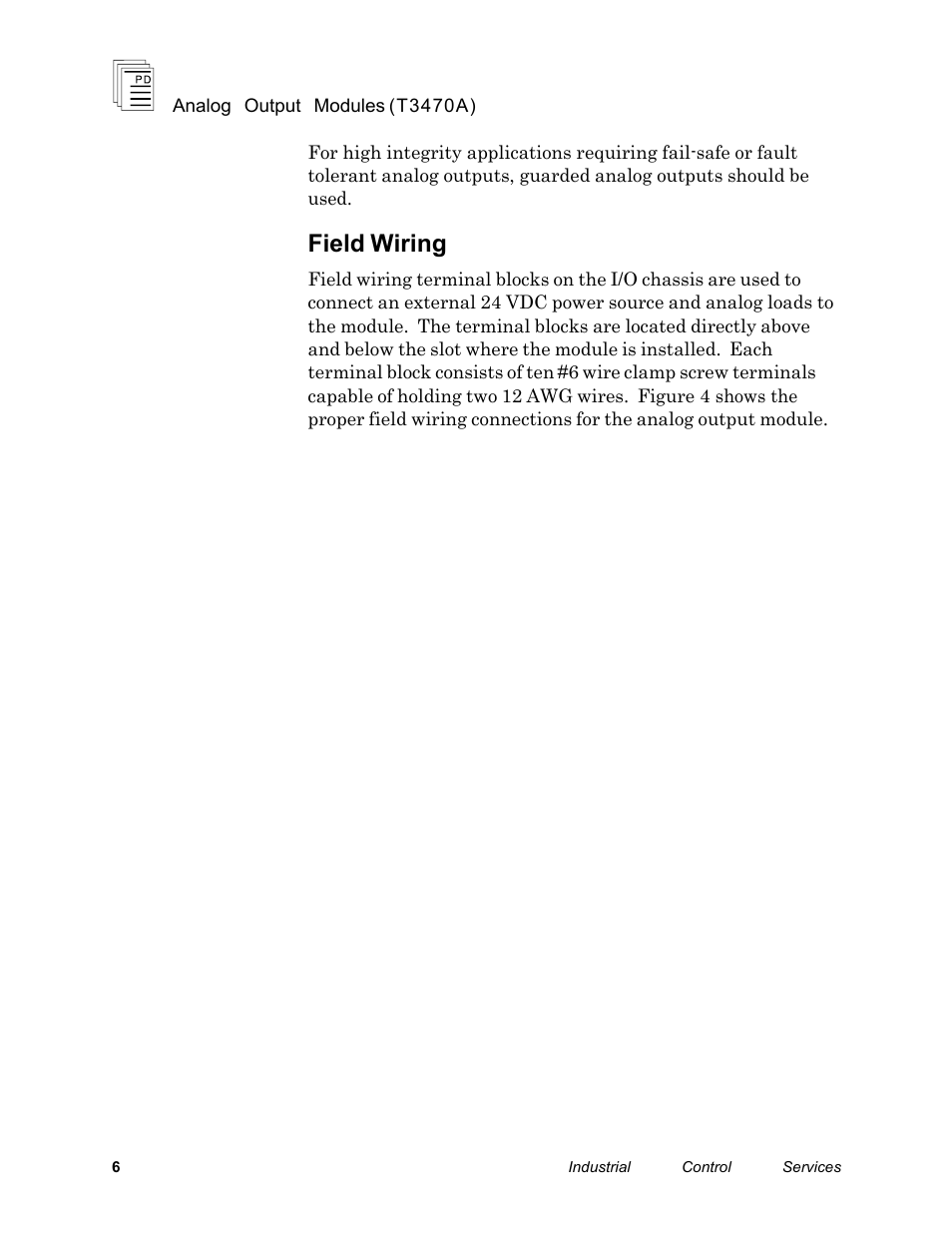 Field wiring | Rockwell Automation T3470A ICS Regent Analogue Output Modules User Manual | Page 6 / 18