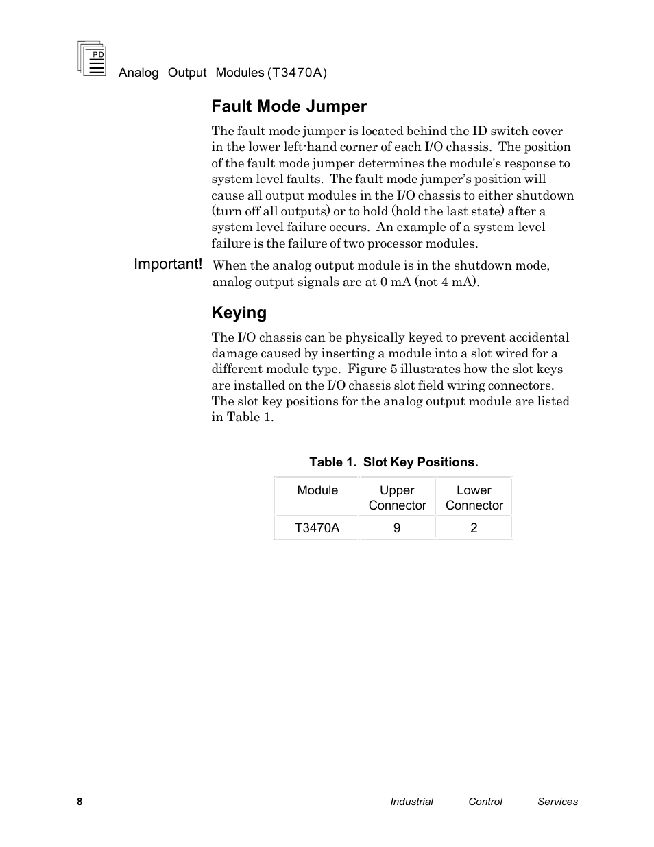 Fault mode jumper, Keying, Important | Rockwell Automation T3470A ICS Regent Analogue Output Modules User Manual | Page 8 / 18