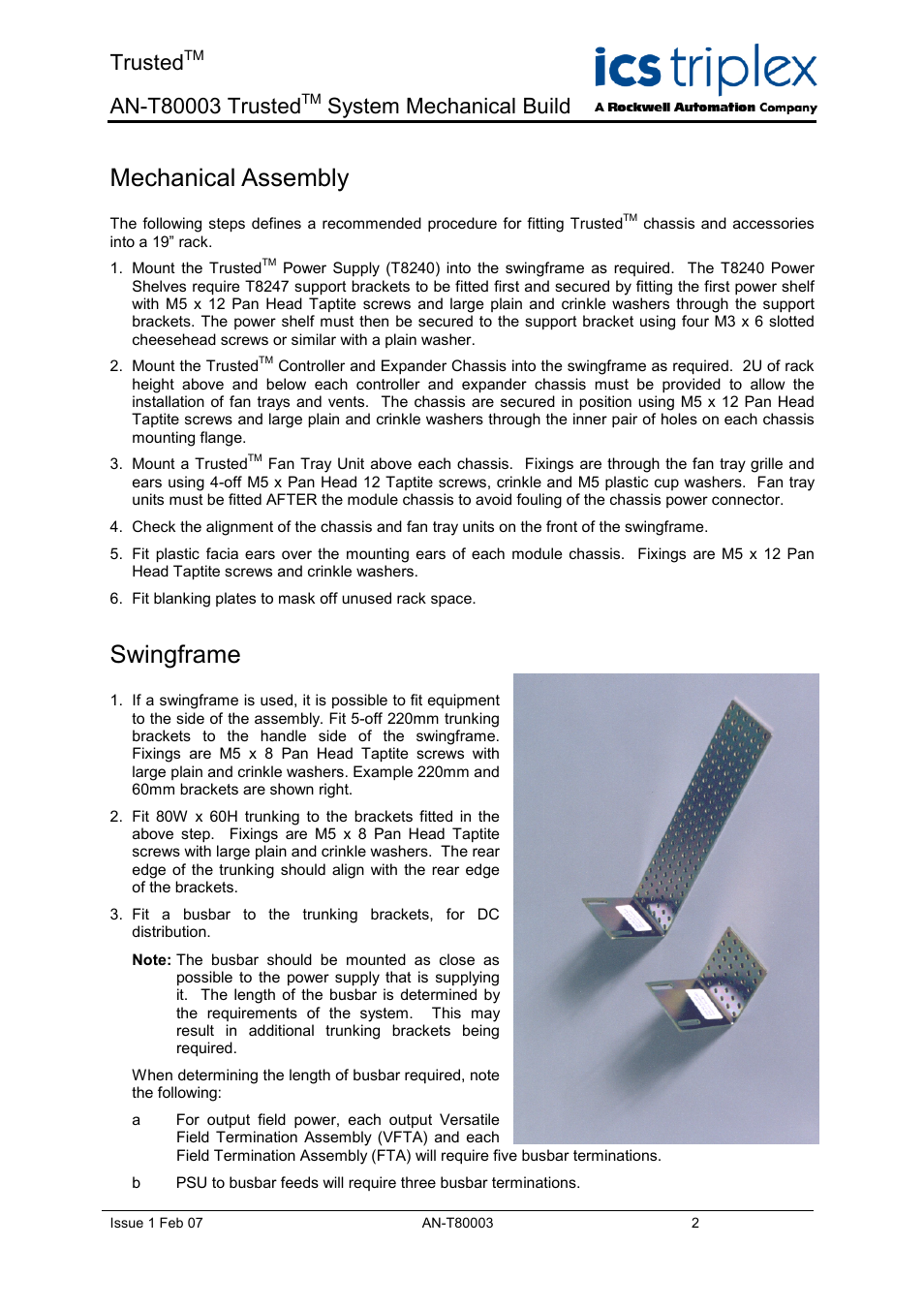 Swingframe, Mechanical assembly, Trusted | System mechanical build | Rockwell Automation T8xxx Application Note Trusted System Mechanical Build User Manual | Page 2 / 6