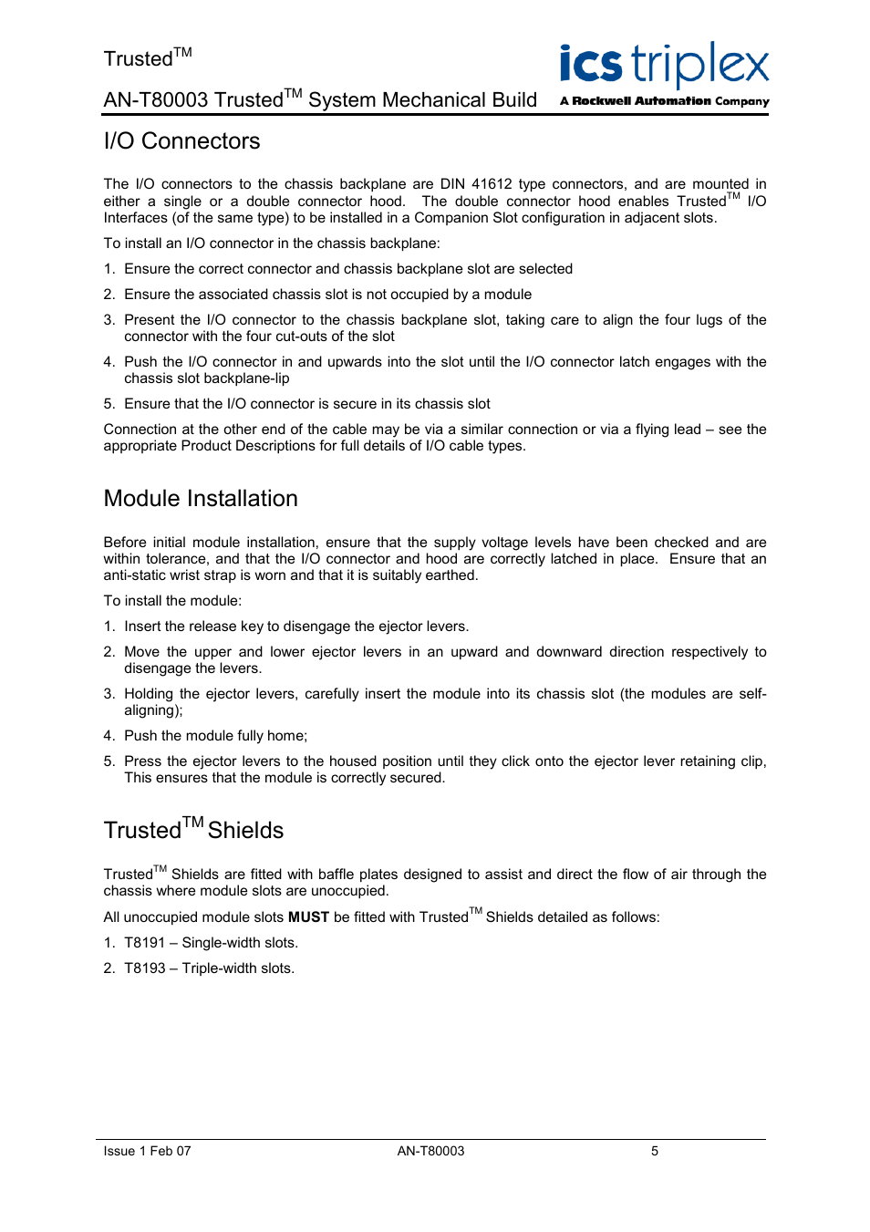 I/o connectors, Module installation, Trustedtm shields | Shields, Trusted, System mechanical build | Rockwell Automation T8xxx Application Note Trusted System Mechanical Build User Manual | Page 5 / 6
