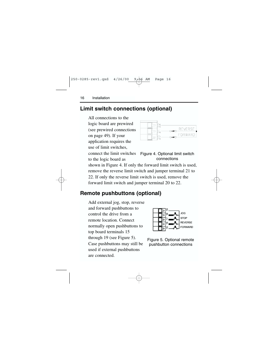 Limit switch connections (optional), Remote pushbuttons (optional) | Rockwell Automation DC3RD Digital Regenerative DC Drive User Guide 1/4 - 2 HP, 115/230 VAC User Manual | Page 24 / 68