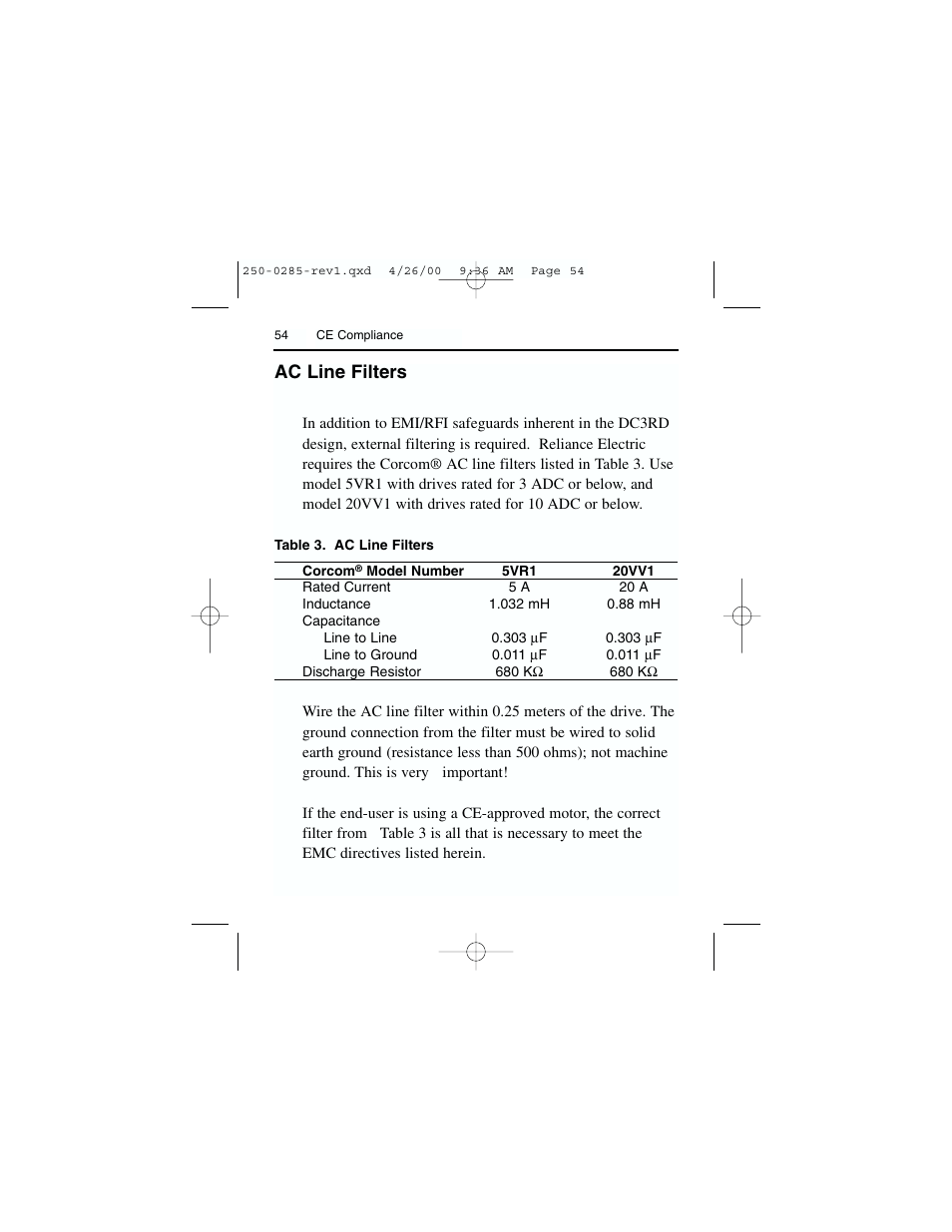 Ac line filters | Rockwell Automation DC3RD Digital Regenerative DC Drive User Guide 1/4 - 2 HP, 115/230 VAC User Manual | Page 62 / 68