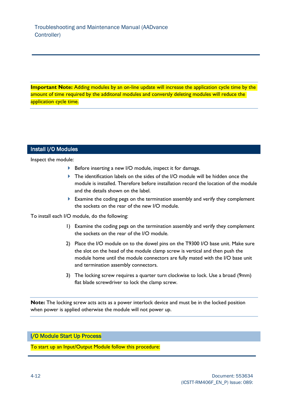 Install i/o modules | Rockwell Automation AADvance Controller Troubleshooting and Maintenance Manual User Manual | Page 56 / 96