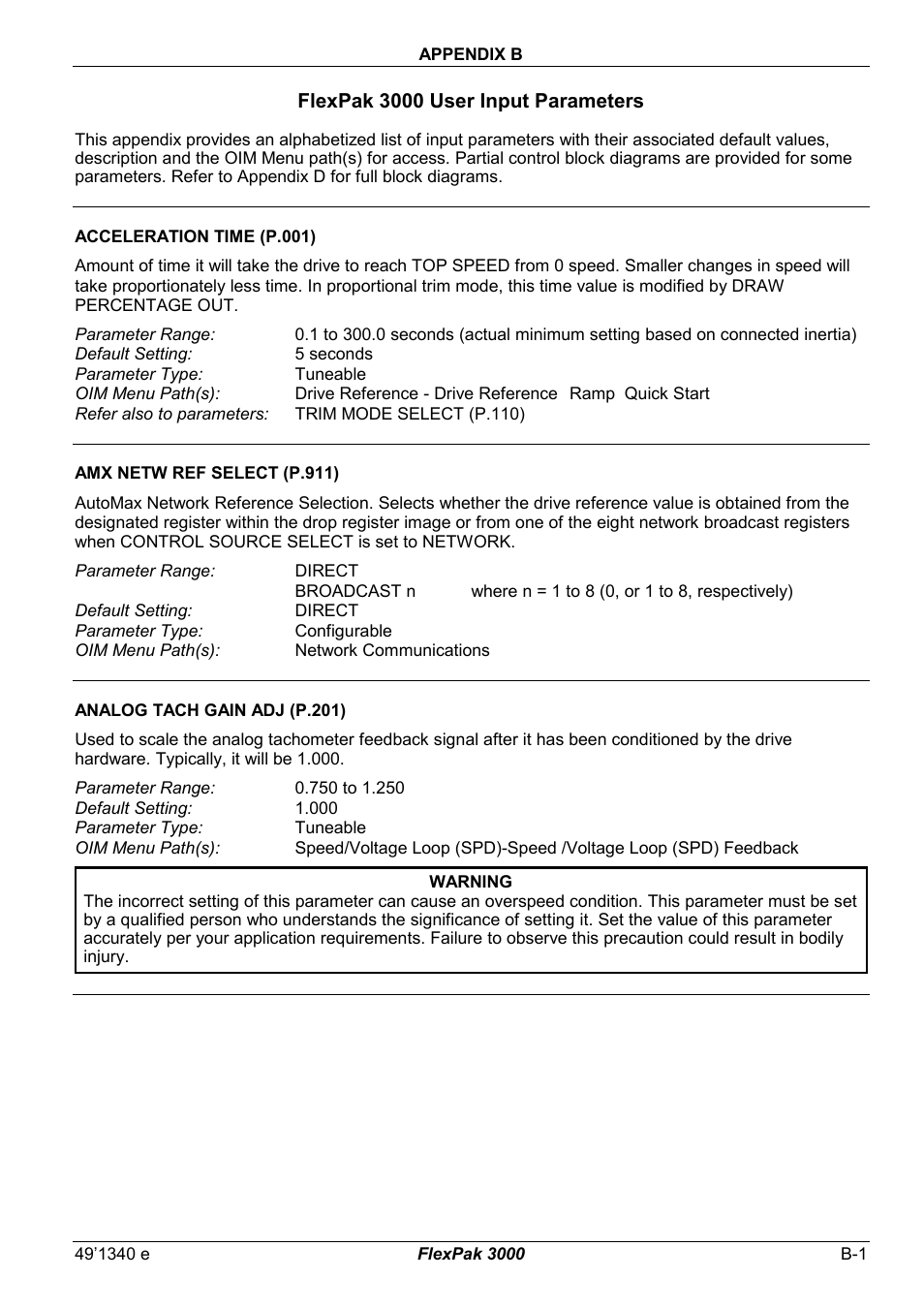 B - flexpak 3000 user input parameters | Rockwell Automation FlexPak 3000 Power Module Version 4.2 User Manual | Page 105 / 216