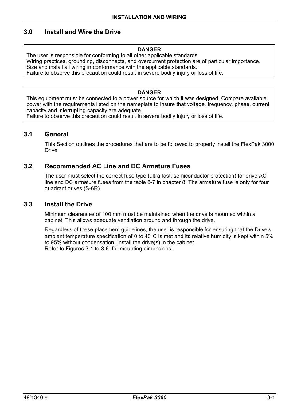 3 installation and wiring, 1 general, 2 recommended ac line and dc armature fuses | 3 install the drive | Rockwell Automation FlexPak 3000 Power Module Version 4.2 User Manual | Page 25 / 216