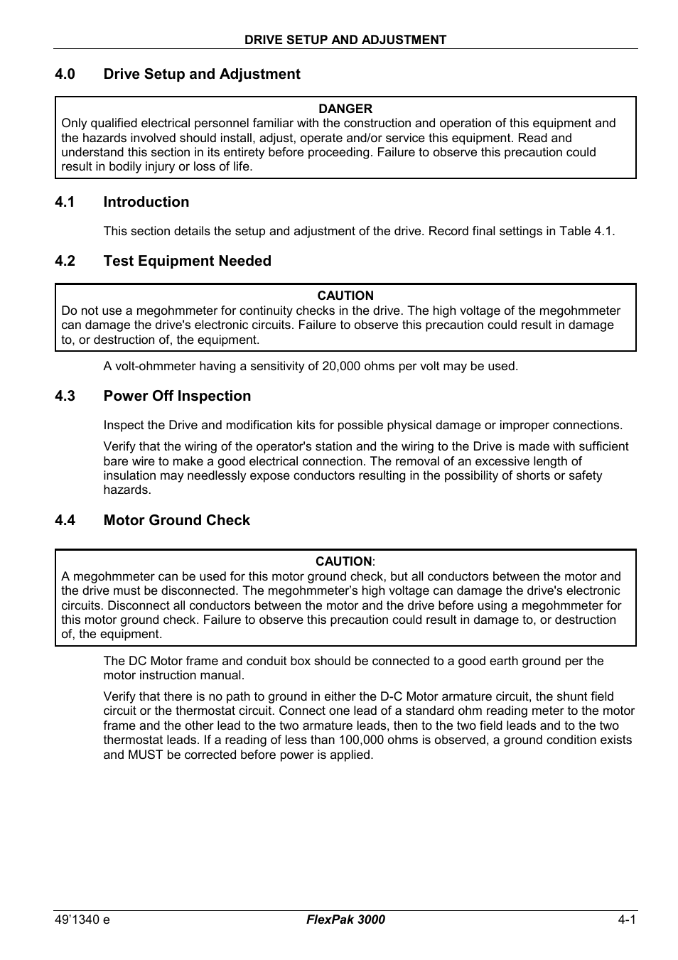 4 drive setup and adjustment, 1 introduction, 2 test equipment needed | 3 power off inspection, 4 motor ground check | Rockwell Automation FlexPak 3000 Power Module Version 4.2 User Manual | Page 43 / 216
