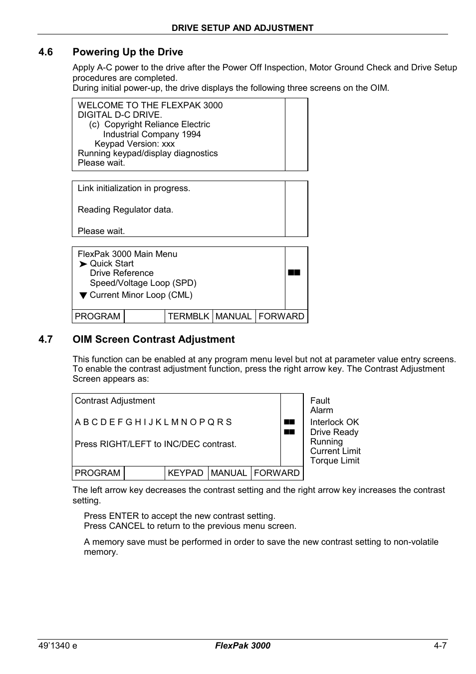 6 powering up the drive, 7 oim screen contrast adjustment | Rockwell Automation FlexPak 3000 Power Module Version 4.2 User Manual | Page 49 / 216