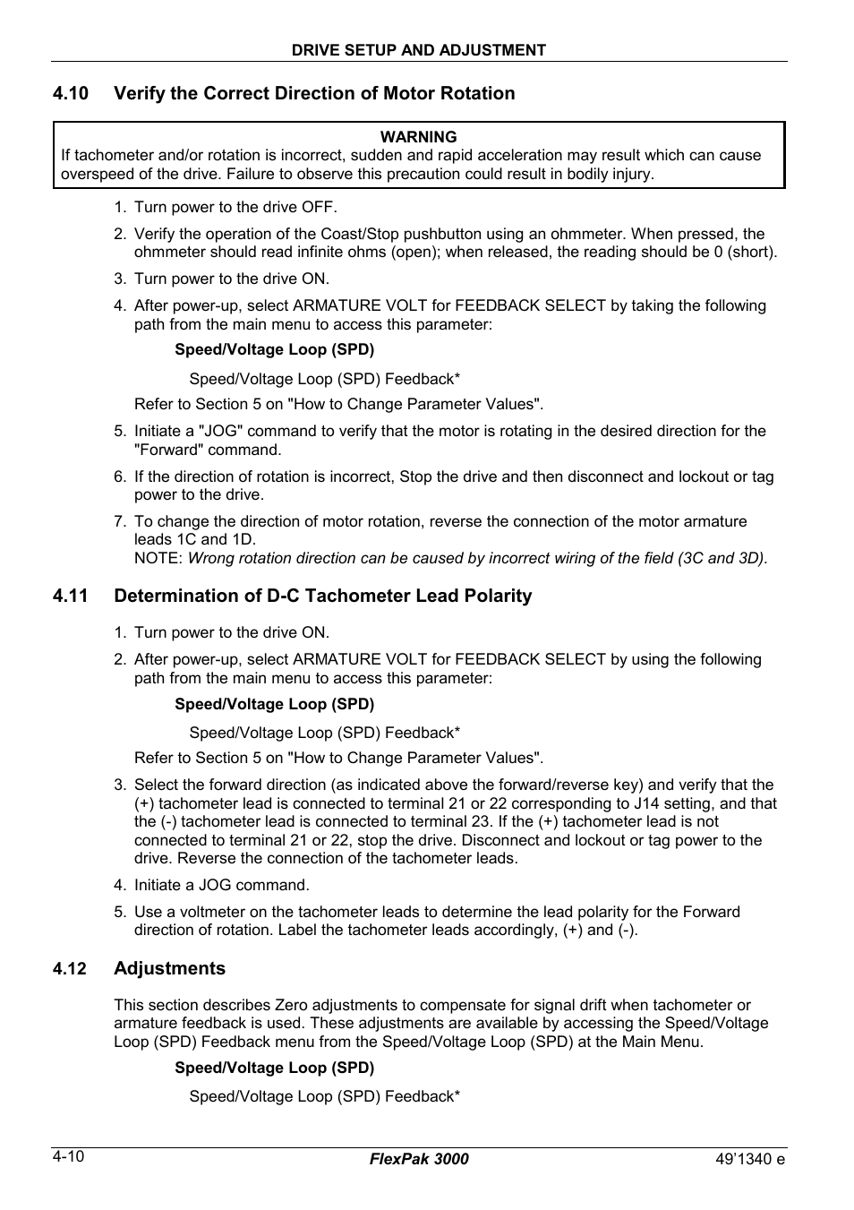 10 verify the correct direction of motor rotation, 11 determination of d-c tachometer lead polarity, 12 adjustments | Rockwell Automation FlexPak 3000 Power Module Version 4.2 User Manual | Page 52 / 216