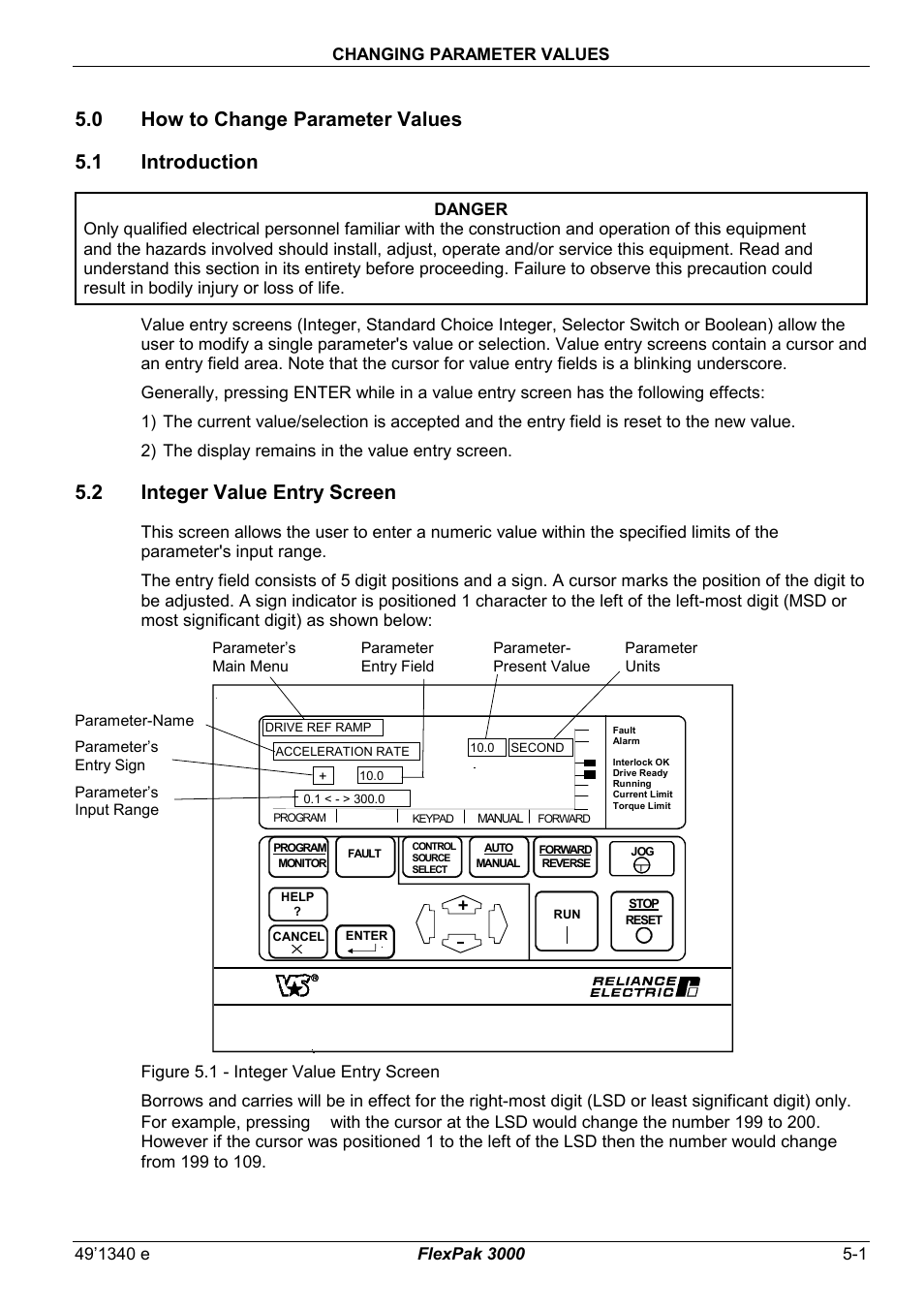 5 changing parameter values, 1 introduction, 2 integer value entry screen | 0 how to change parameter values 5.1 introduction | Rockwell Automation FlexPak 3000 Power Module Version 4.2 User Manual | Page 59 / 216