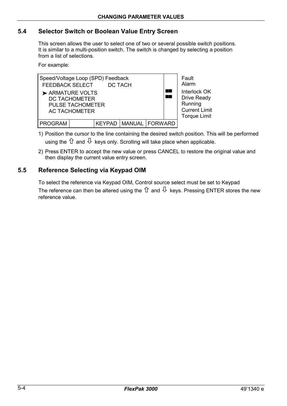 4 selector switch or boolean value entry screen, 5 reference selecting via keypad oim | Rockwell Automation FlexPak 3000 Power Module Version 4.2 User Manual | Page 62 / 216