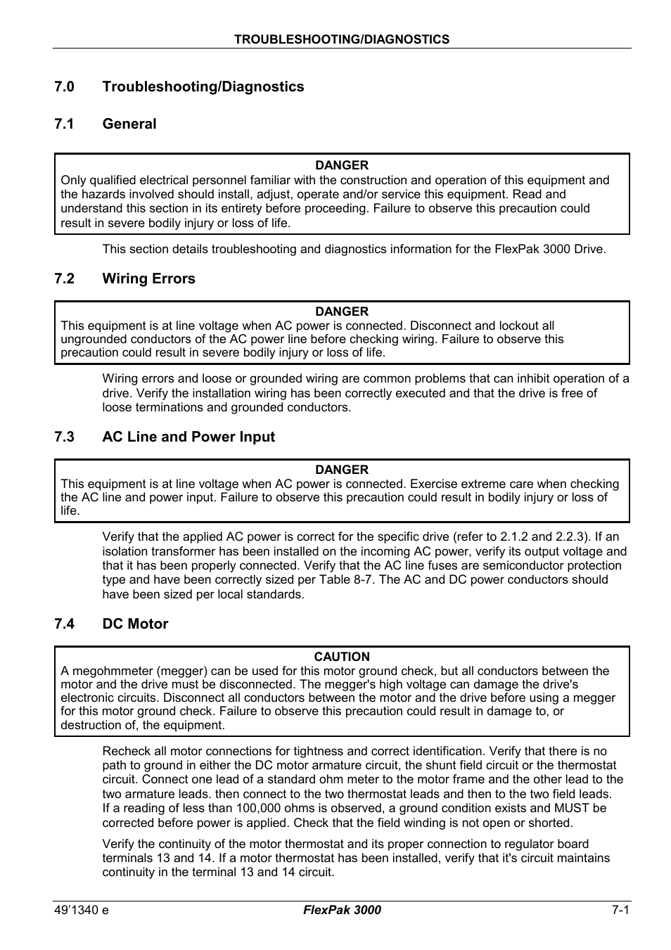 7 troubleshooting/diagnostics, 1 general, 2 wiring errors | 3 ac line and power input, 4 dc motor | Rockwell Automation FlexPak 3000 Power Module Version 4.2 User Manual | Page 73 / 216