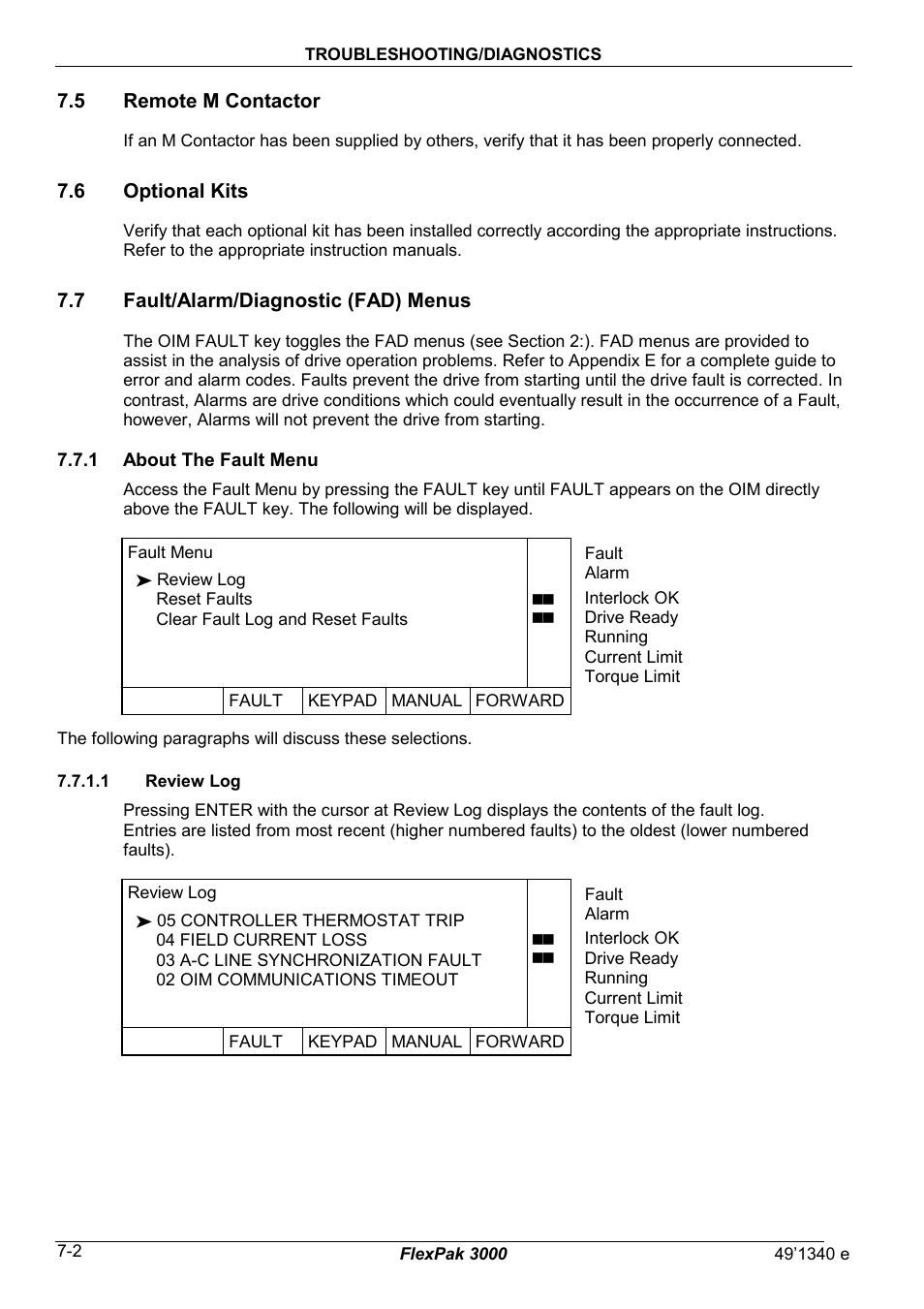 5 remote m contactor, 6 optional kits, 7 fault/alarm/diagnostic (fad) menus | Rockwell Automation FlexPak 3000 Power Module Version 4.2 User Manual | Page 74 / 216