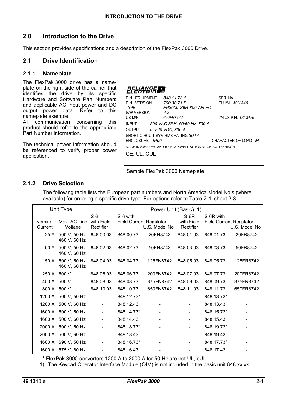2 introduction to the drive, 1 drive identification, 0 introduction to the drive | 1 nameplate, 2 drive selection | Rockwell Automation FlexPak 3000 Power Module Version 4.2 User Manual | Page 9 / 216