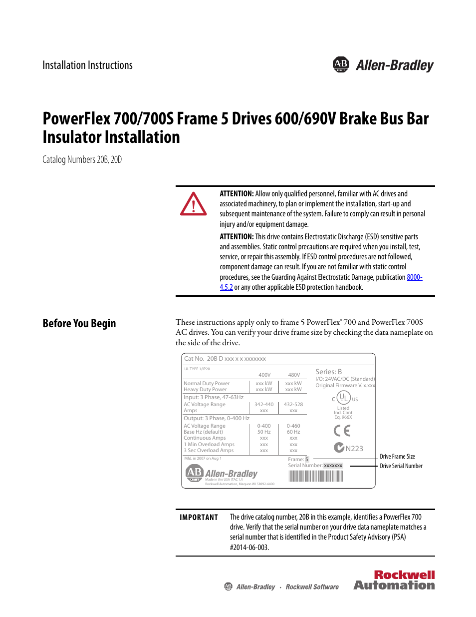 Rockwell Automation 20B PowerFlex 700 Dynamic Brake Kit User Manual | 8 pages