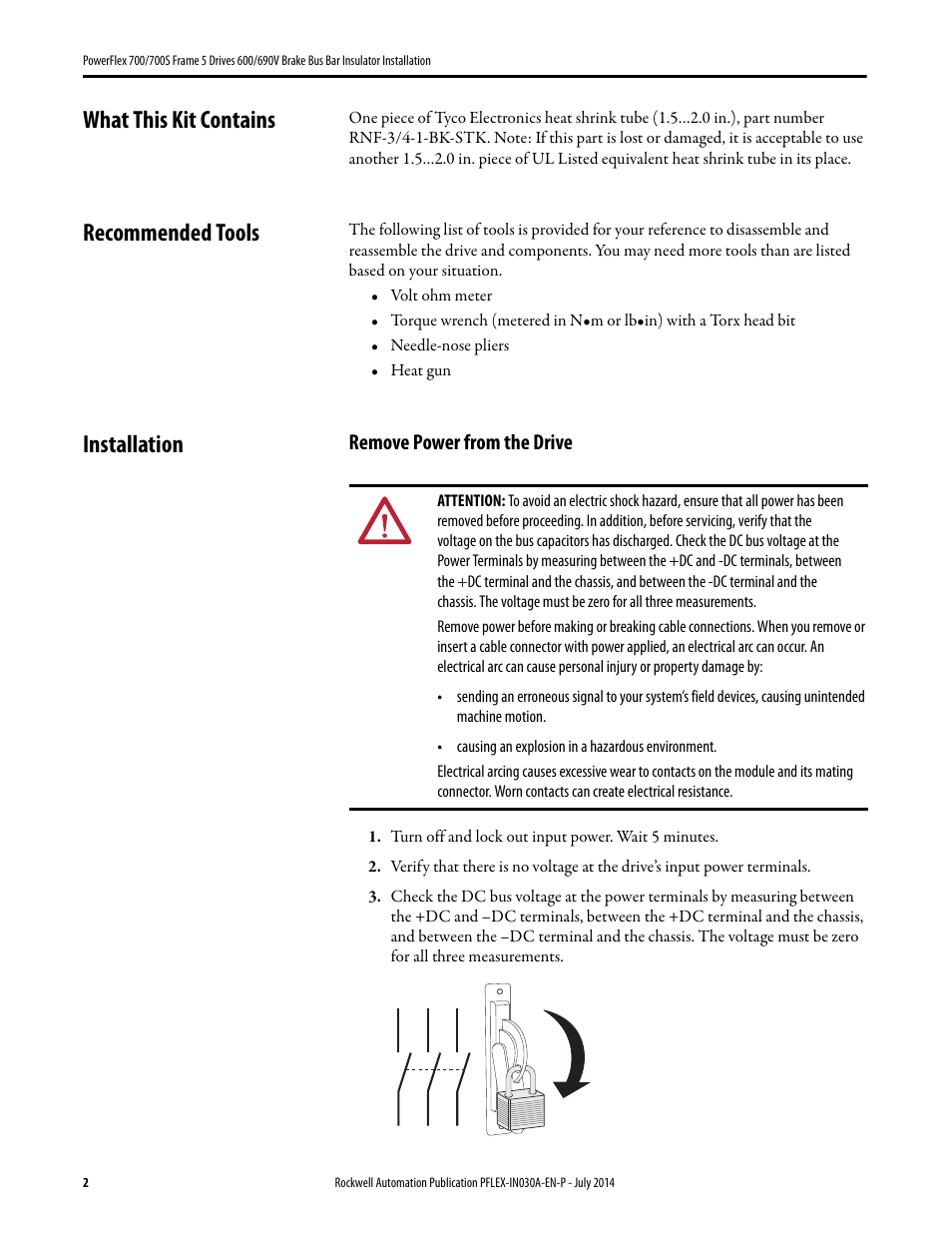 What this kit contains, Recommended tools, Installation | Remove power from the drive | Rockwell Automation 20B PowerFlex 700 Dynamic Brake Kit User Manual | Page 2 / 8