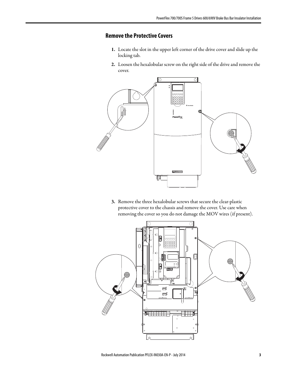 Remove the protective covers, Hot surfaces can cause severe burns | Rockwell Automation 20B PowerFlex 700 Dynamic Brake Kit User Manual | Page 3 / 8