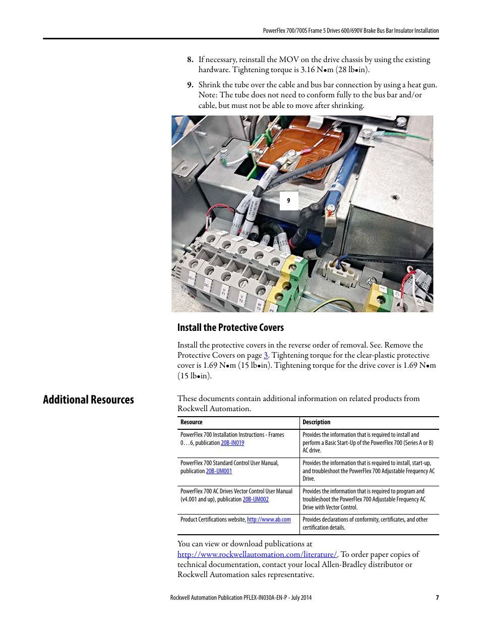 Additional resources, Install the protective covers | Rockwell Automation 20B PowerFlex 700 Dynamic Brake Kit User Manual | Page 7 / 8
