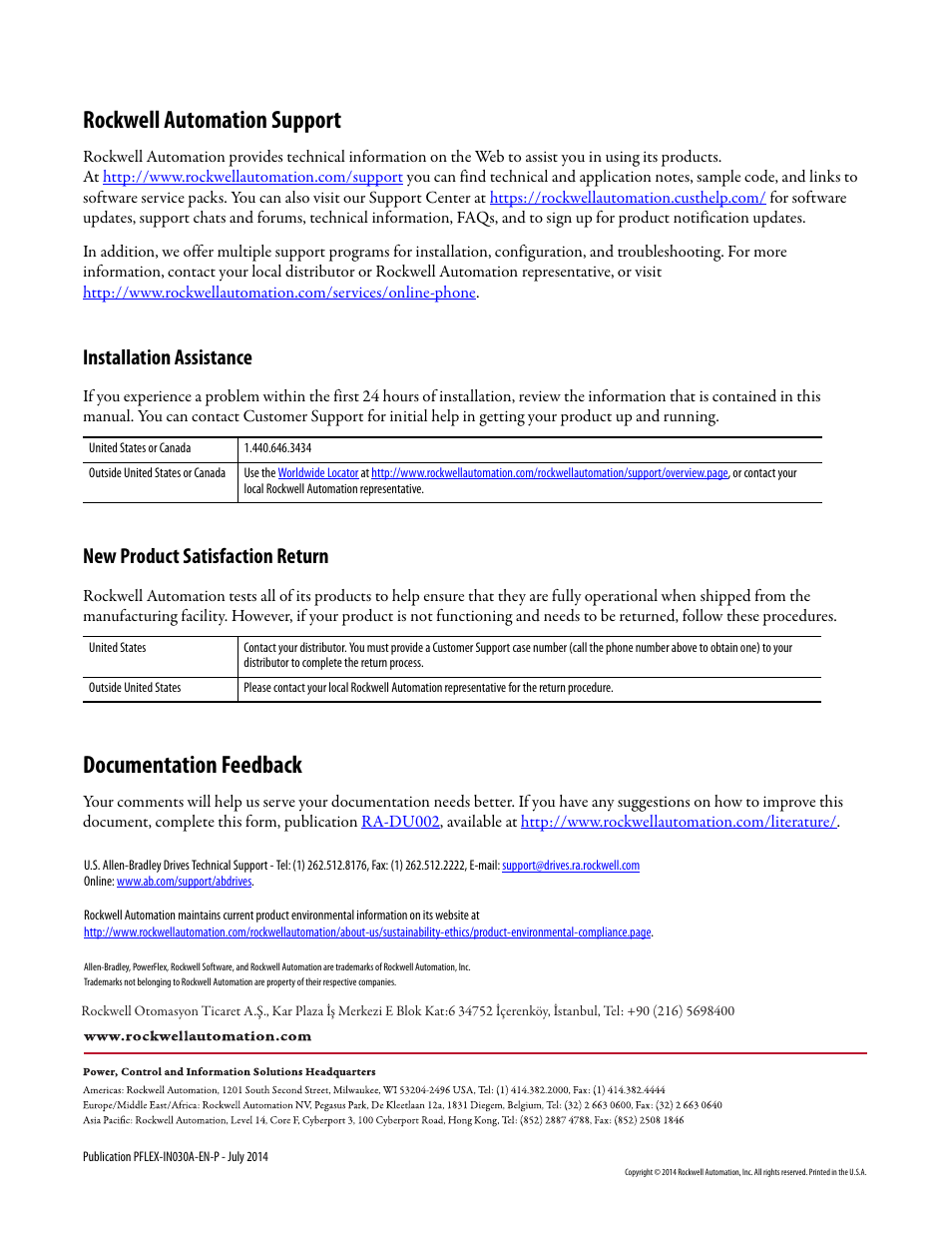 Rockwell automation support, Documentation feedback, Installation assistance | New product satisfaction return | Rockwell Automation 20B PowerFlex 700 Dynamic Brake Kit User Manual | Page 8 / 8