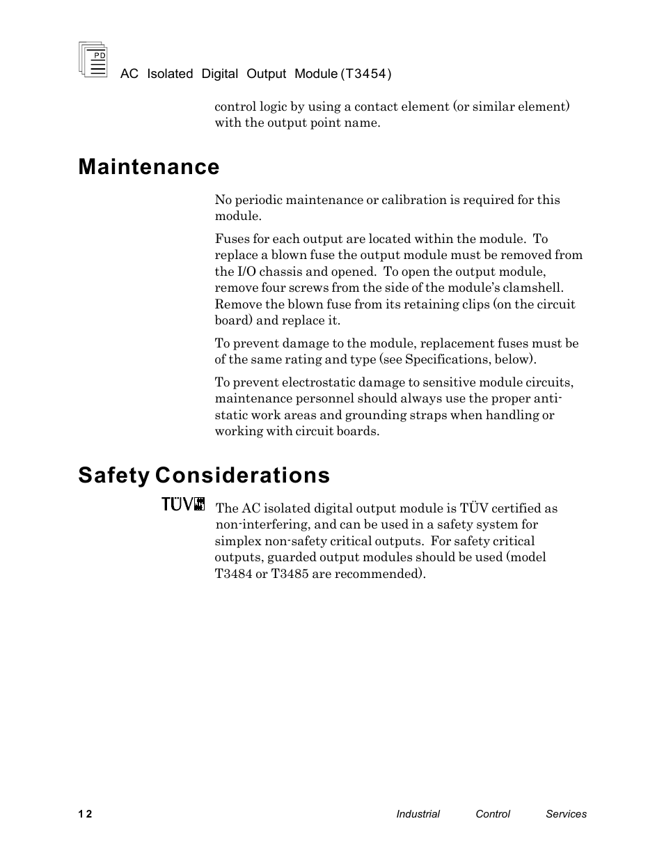 Maintenance, Safety considerations | Rockwell Automation T3454 ICS Regent AC Isolated Digital Output Module 110 VAC User Manual | Page 12 / 14