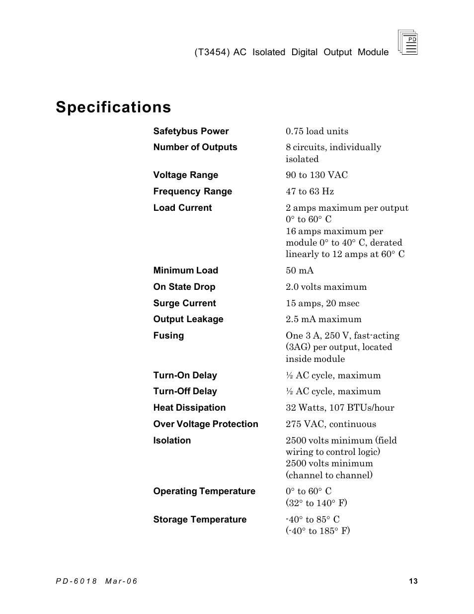 Specifications | Rockwell Automation T3454 ICS Regent AC Isolated Digital Output Module 110 VAC User Manual | Page 13 / 14
