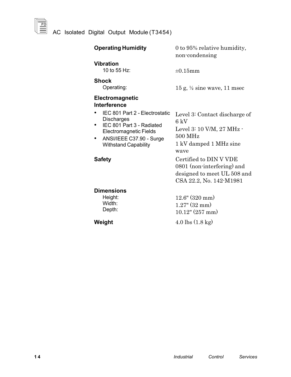 Rockwell Automation T3454 ICS Regent AC Isolated Digital Output Module 110 VAC User Manual | Page 14 / 14