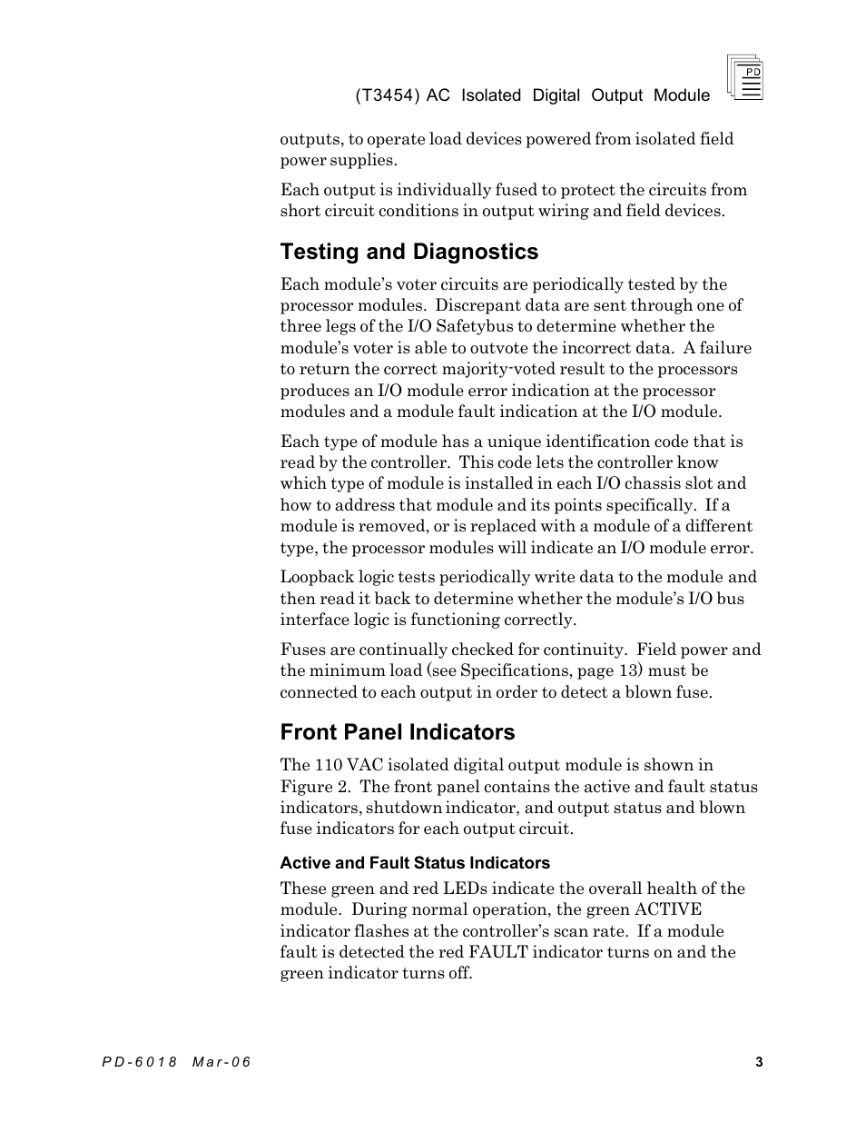 Testing and diagnostics, Front panel indicators | Rockwell Automation T3454 ICS Regent AC Isolated Digital Output Module 110 VAC User Manual | Page 3 / 14