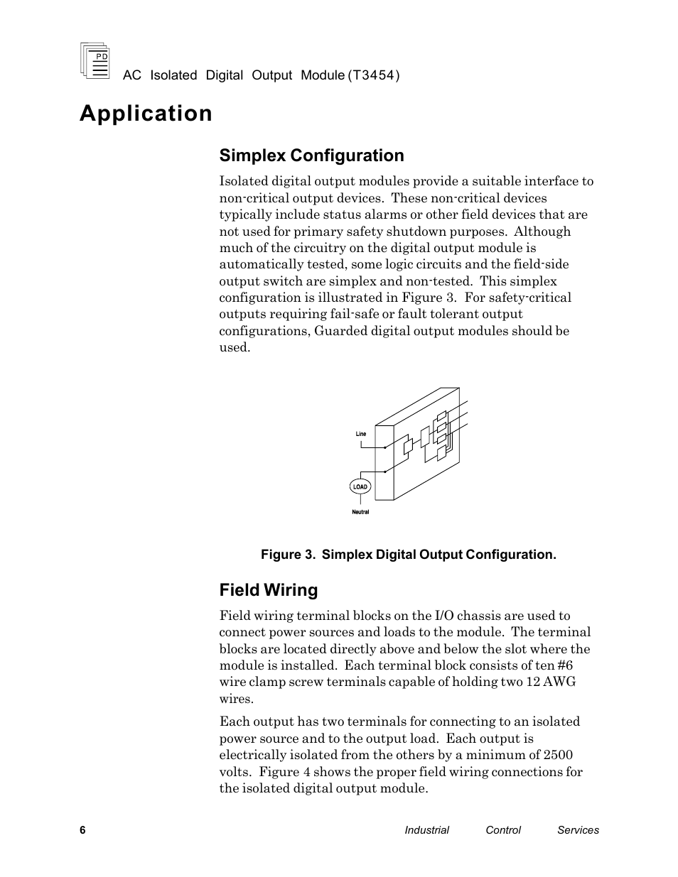 Application, Simplex configuration, Field wiring | Rockwell Automation T3454 ICS Regent AC Isolated Digital Output Module 110 VAC User Manual | Page 6 / 14