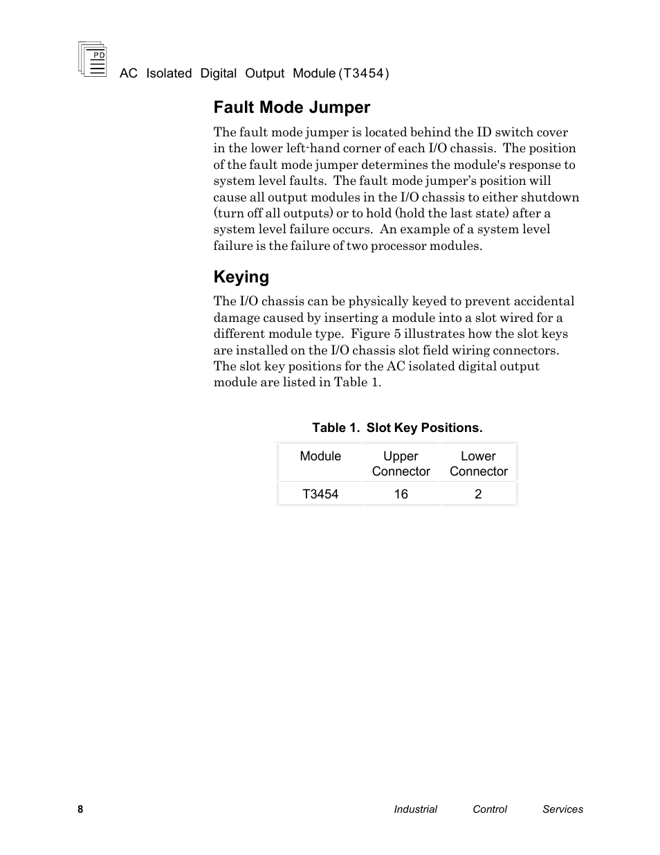 Fault mode jumper, Keying | Rockwell Automation T3454 ICS Regent AC Isolated Digital Output Module 110 VAC User Manual | Page 8 / 14