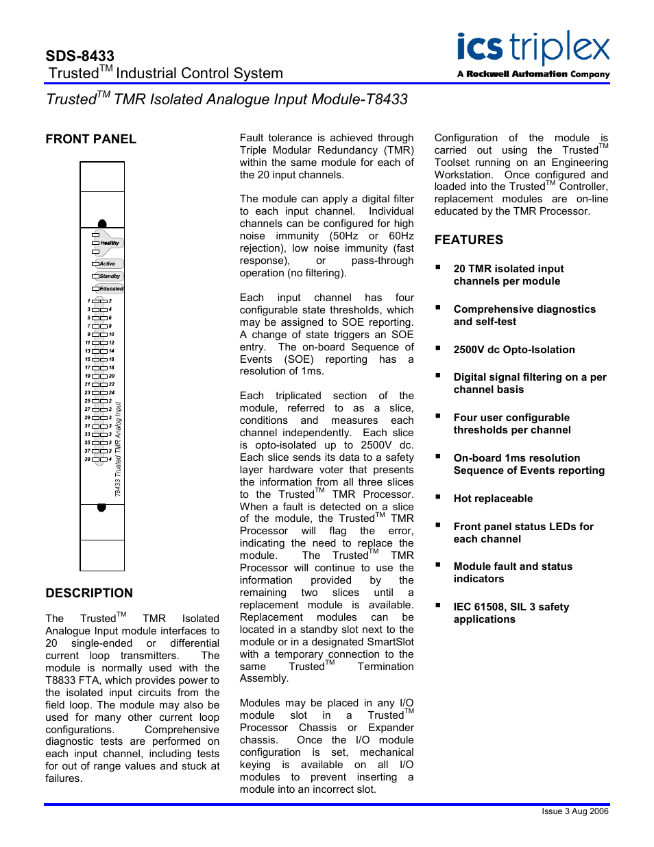 Rockwell Automation T8433 Trusted TMR Isolated Analogue Input Module User Manual | 2 pages