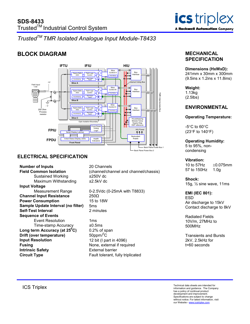 Block diagram, Electrical specification, Sds-8433 trusted | Industrial control system trusted, Tmr isolated analogue input module-t8433, Ics triplex, Mechanical specification, Environmental, C) 0.2% of span drift (over temperature) 50ppm | Rockwell Automation T8433 Trusted TMR Isolated Analogue Input Module User Manual | Page 2 / 2