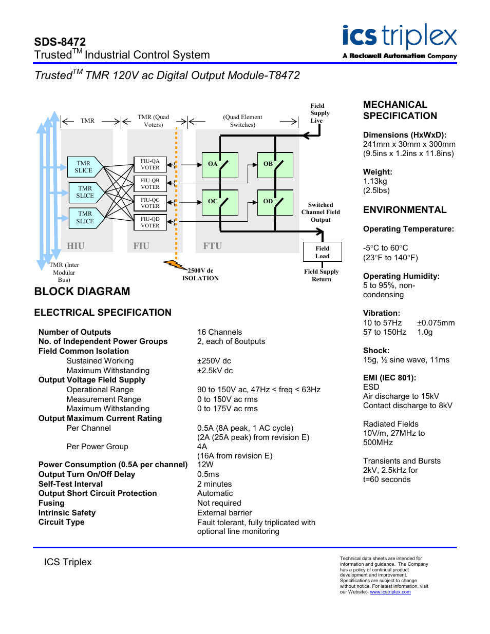 Block diagram, Electrical specification, Sds-8472 trusted | Industrial control system trusted, Ft u | Rockwell Automation T8472 Trusted TMR 120V ac Digital Output Module User Manual | Page 2 / 2