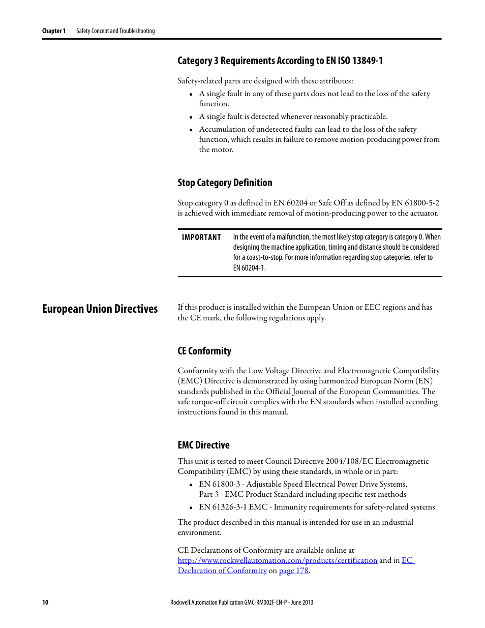 Stop category definition, European union directives, Ce conformity | Emc directive, Ce conformity emc directive | Rockwell Automation 2099-BMxx-S Kinetix Safe Torque-off Feature Safety Reference Manual User Manual | Page 10 / 52