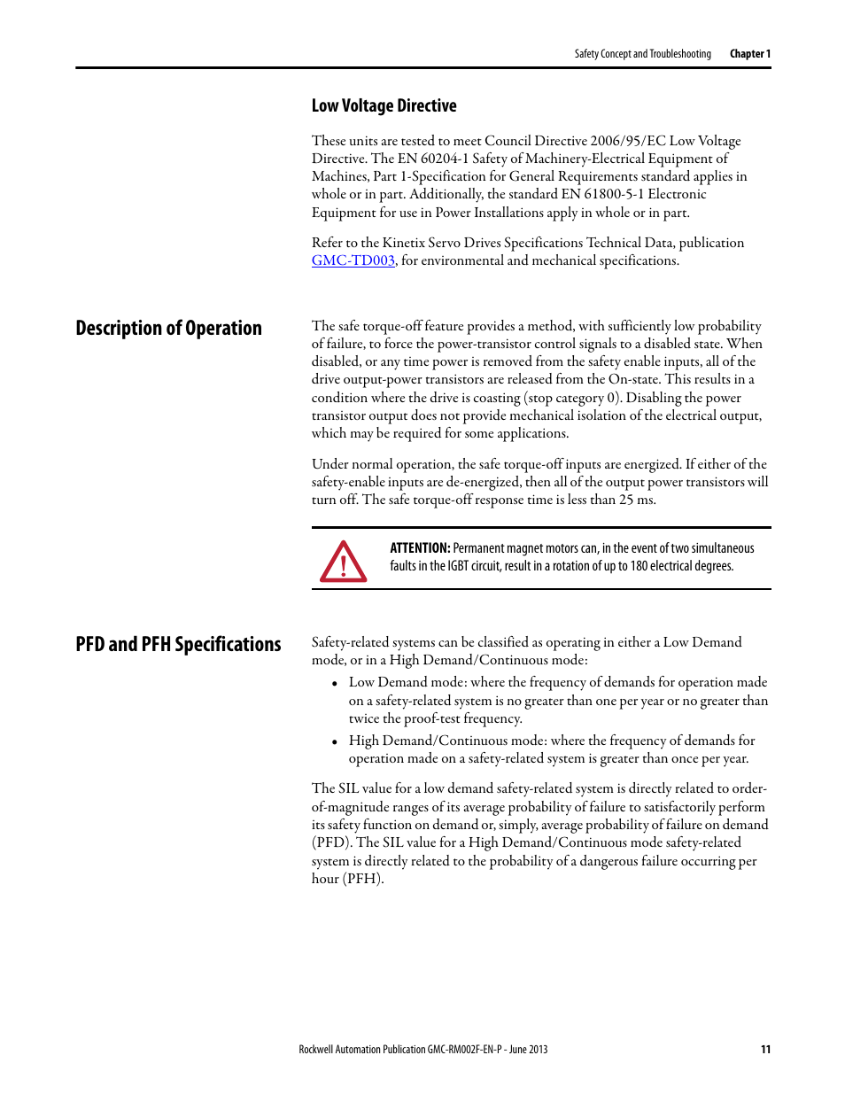 Low voltage directive, Description of operation, Pfd and pfh specifications | Rockwell Automation 2099-BMxx-S Kinetix Safe Torque-off Feature Safety Reference Manual User Manual | Page 11 / 52