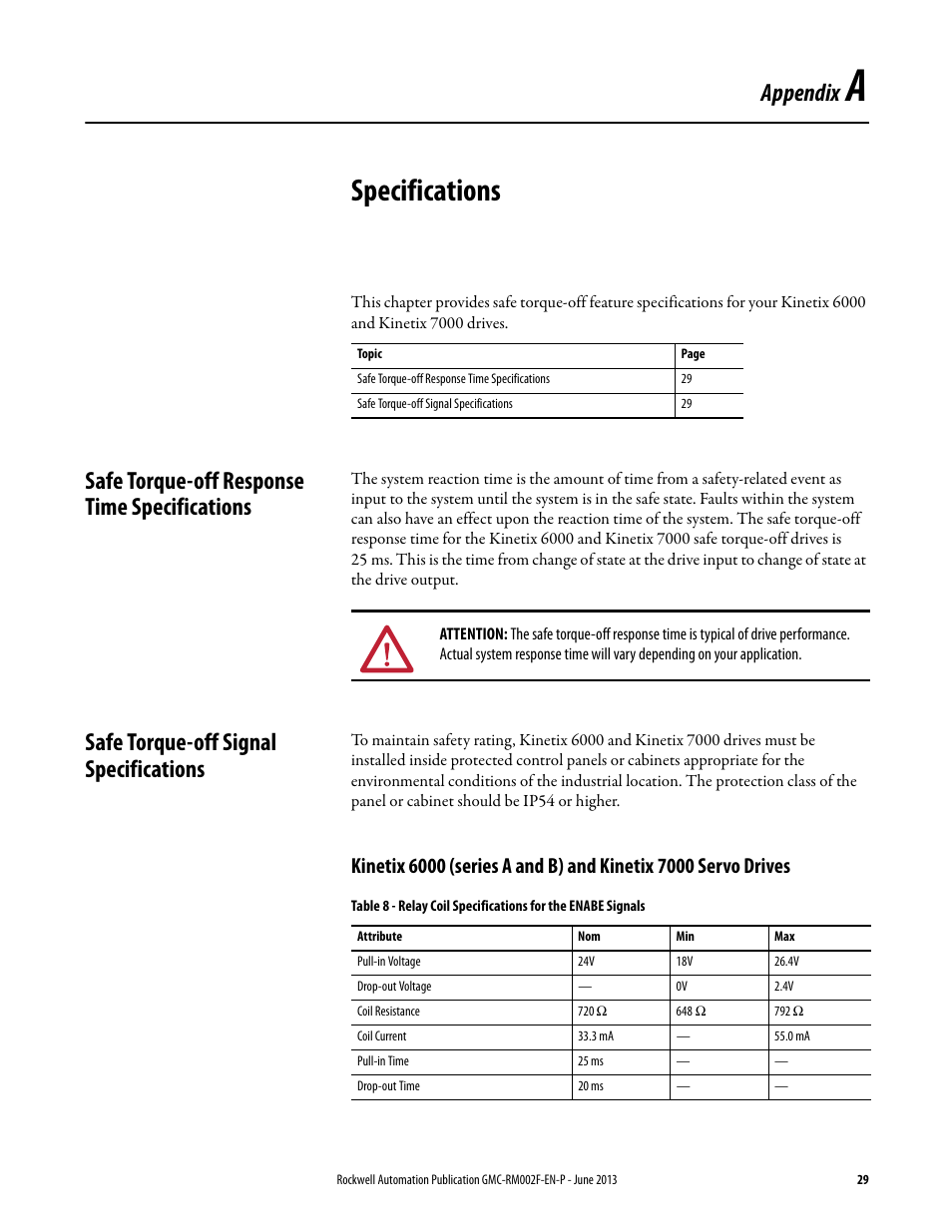 Appendix a - specifications, Safe torque-off response time specifications, Safe torque-off signal specifications | Appendix a, Specifications, Appendix | Rockwell Automation 2099-BMxx-S Kinetix Safe Torque-off Feature Safety Reference Manual User Manual | Page 29 / 52