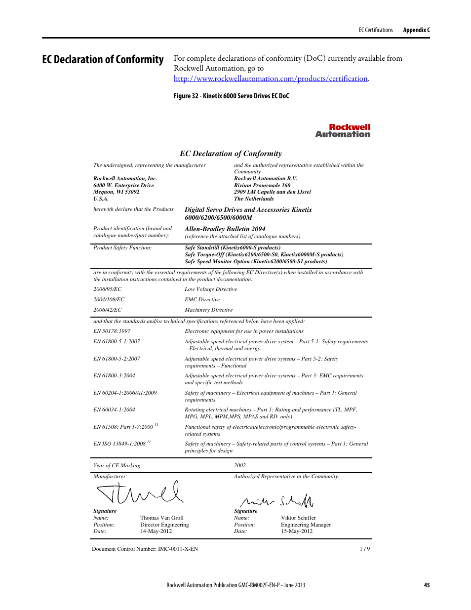 Ec declaration of conformity | Rockwell Automation 2099-BMxx-S Kinetix Safe Torque-off Feature Safety Reference Manual User Manual | Page 45 / 52