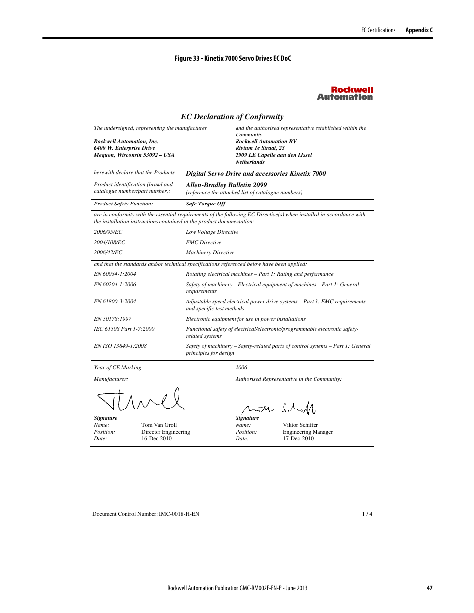 Ec declaration of conformity | Rockwell Automation 2099-BMxx-S Kinetix Safe Torque-off Feature Safety Reference Manual User Manual | Page 47 / 52