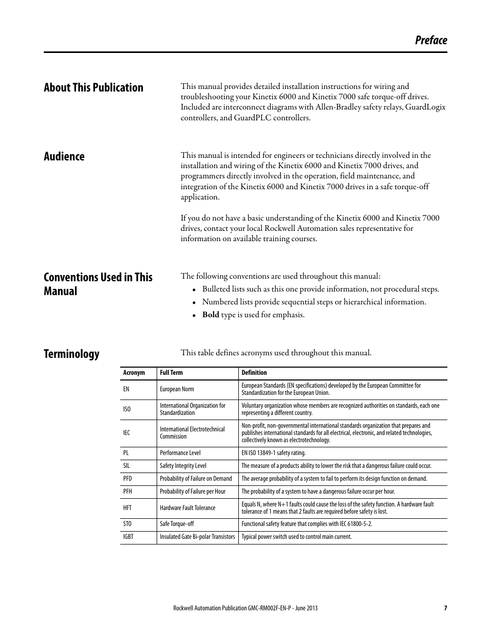 Preface, About this publication, Audience | Conventions used in this manual, Terminology, Preface about this publication | Rockwell Automation 2099-BMxx-S Kinetix Safe Torque-off Feature Safety Reference Manual User Manual | Page 7 / 52