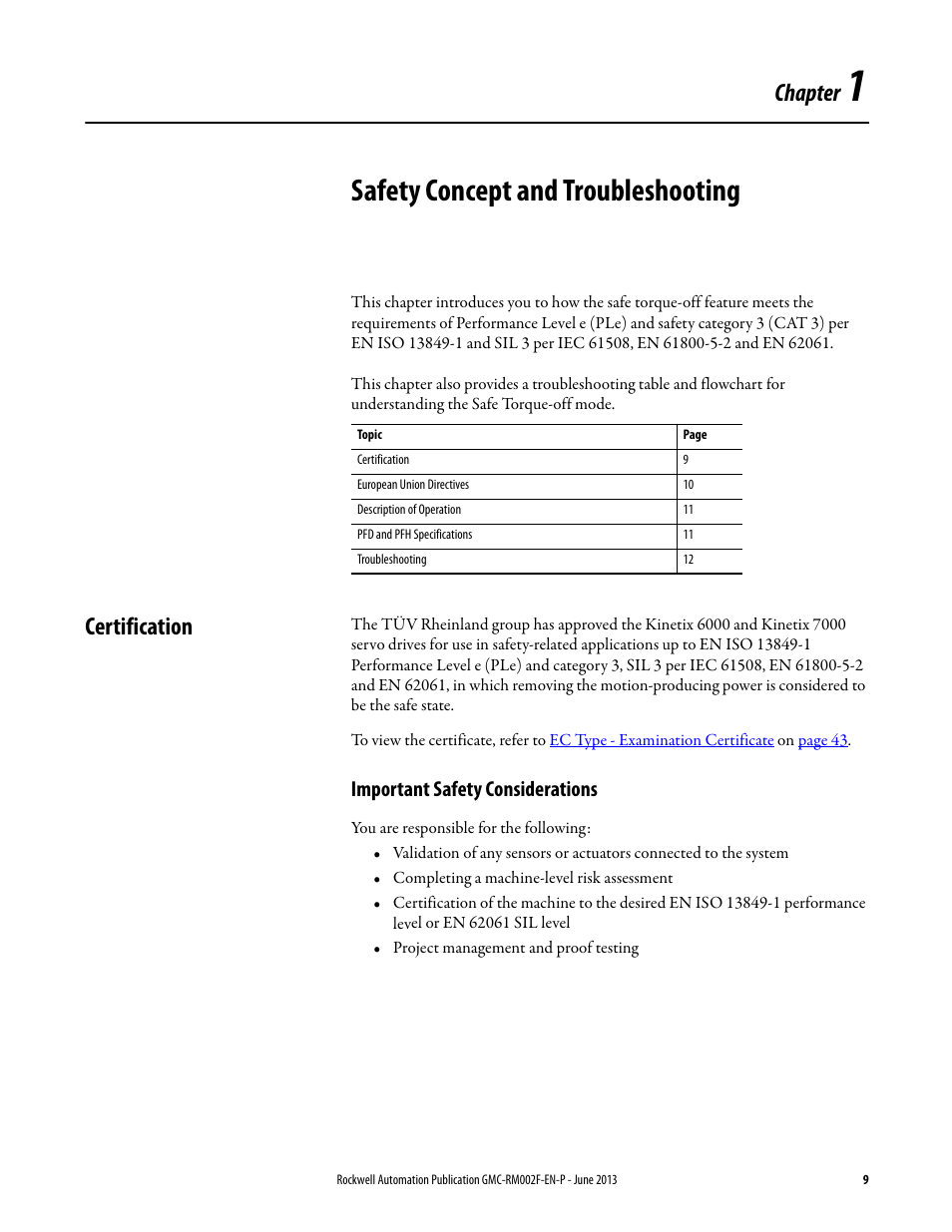 Chapter 1 - safety concept and troubleshooting, Certification, Important safety considerations | Chapter 1, Safety concept and troubleshooting, Chapter | Rockwell Automation 2099-BMxx-S Kinetix Safe Torque-off Feature Safety Reference Manual User Manual | Page 9 / 52