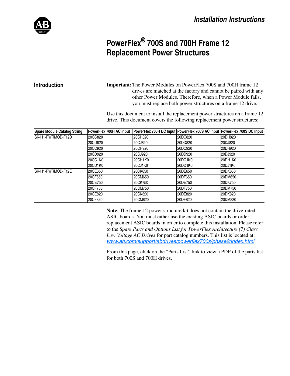 Rockwell Automation 20D PowerFlex 700H/S Frame 12 Replacement Power Structure User Manual | 28 pages