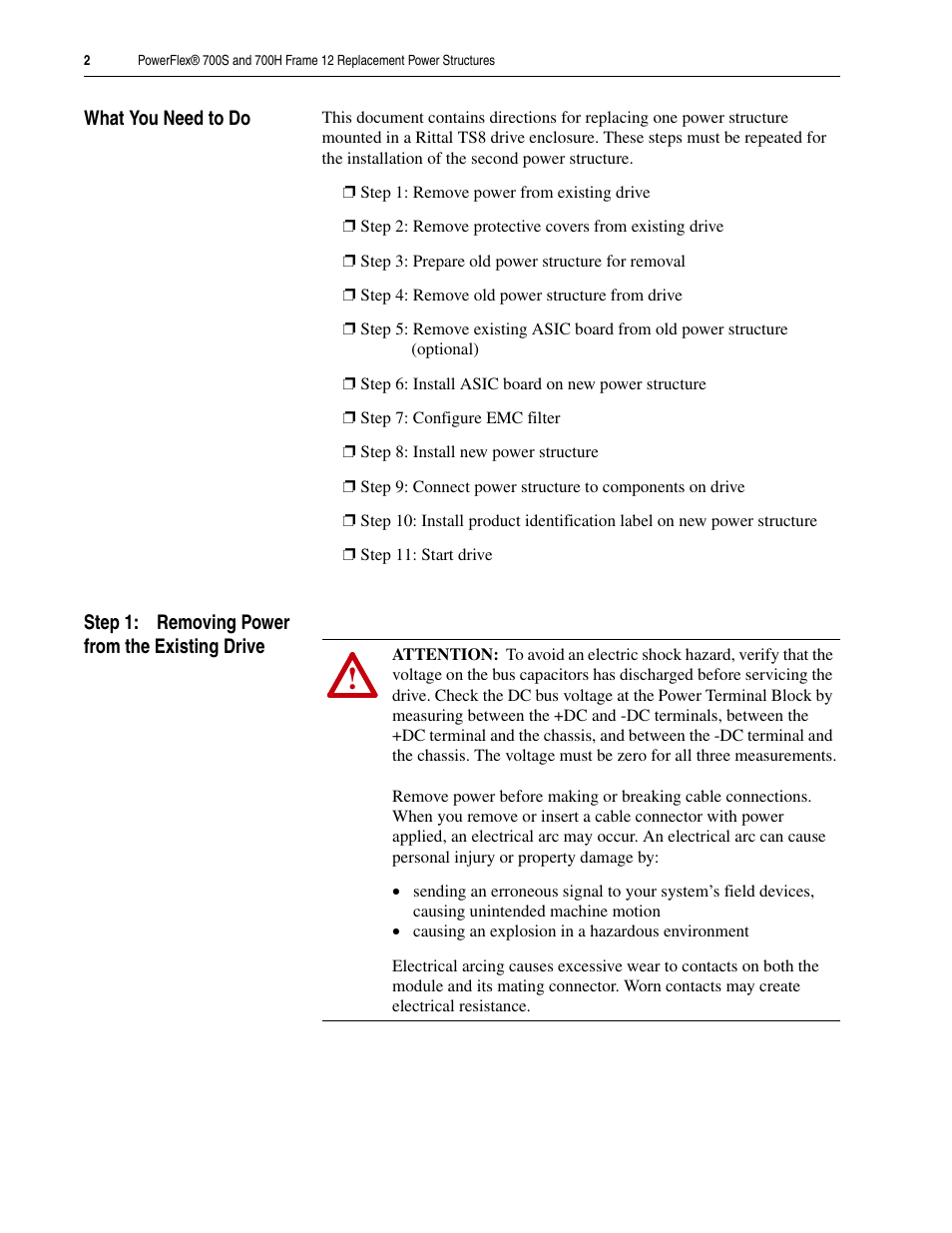 What you need to do, Step 1: removing power from the existing drive | Rockwell Automation 20D PowerFlex 700H/S Frame 12 Replacement Power Structure User Manual | Page 2 / 28