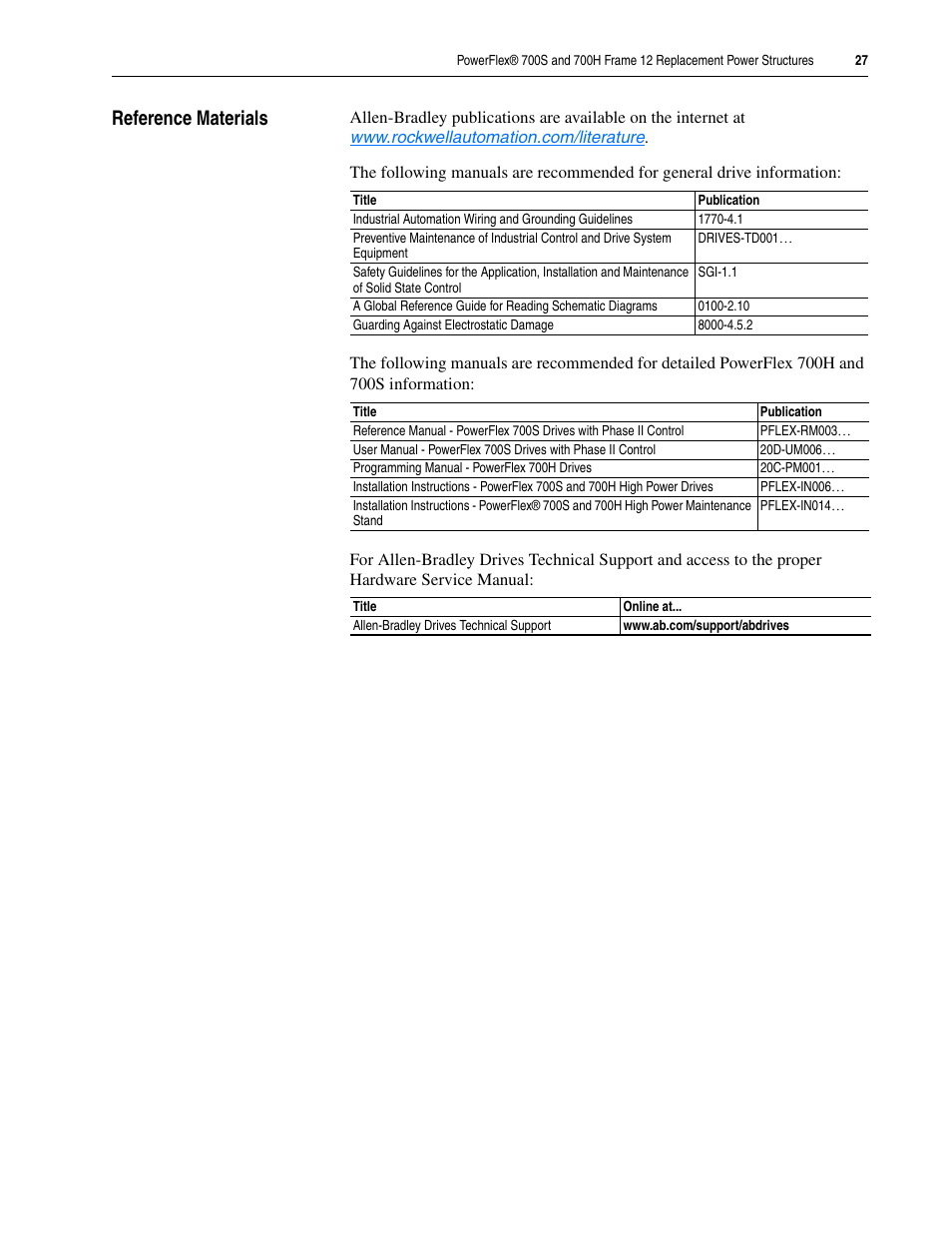 Reference materials | Rockwell Automation 20D PowerFlex 700H/S Frame 12 Replacement Power Structure User Manual | Page 27 / 28