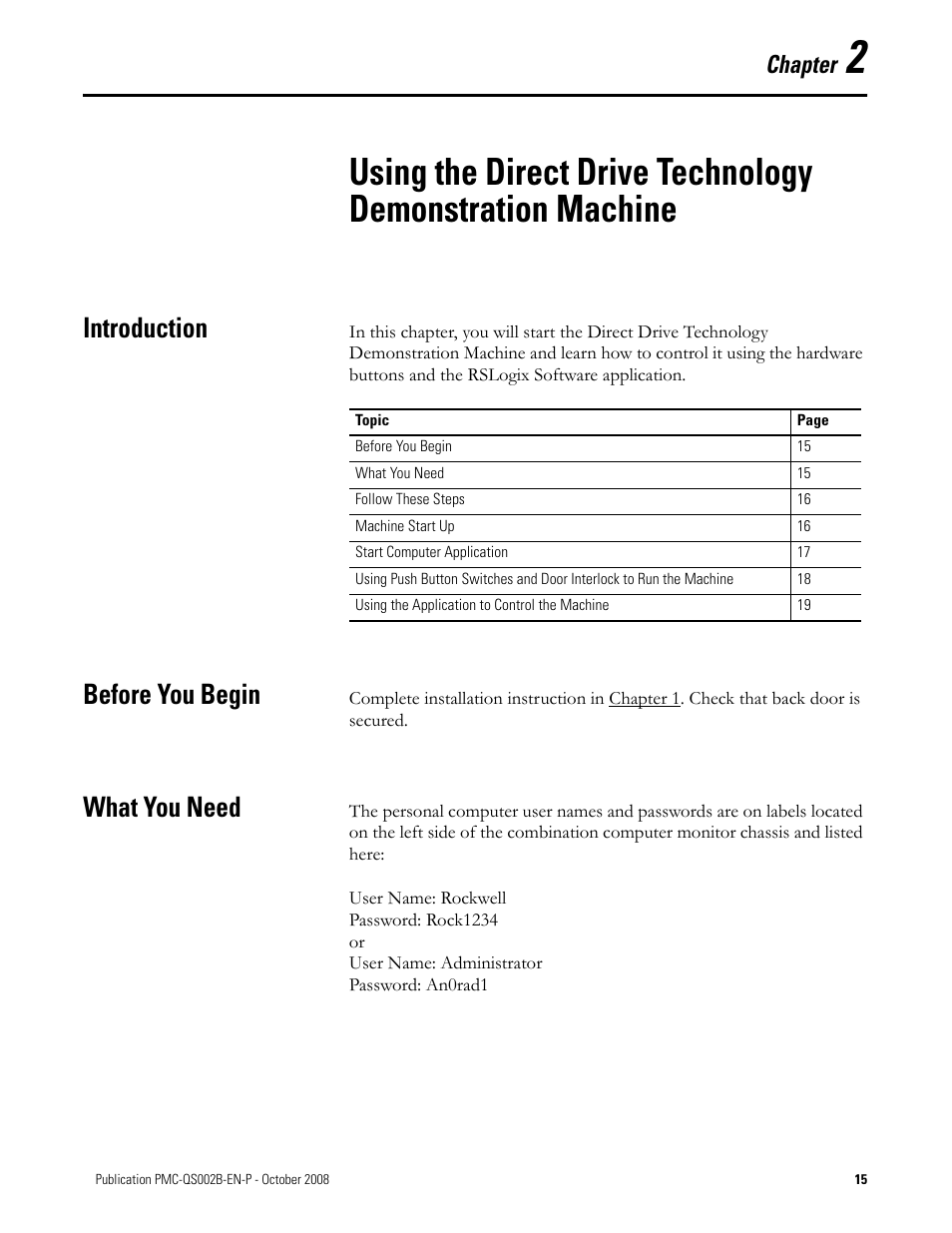 Chapter 2, Introduction, Before you begin | What you need, Introduction before you begin what you need, Chapter | Rockwell Automation Direct Drive Technology Demonstration Machine User Manual | Page 15 / 24