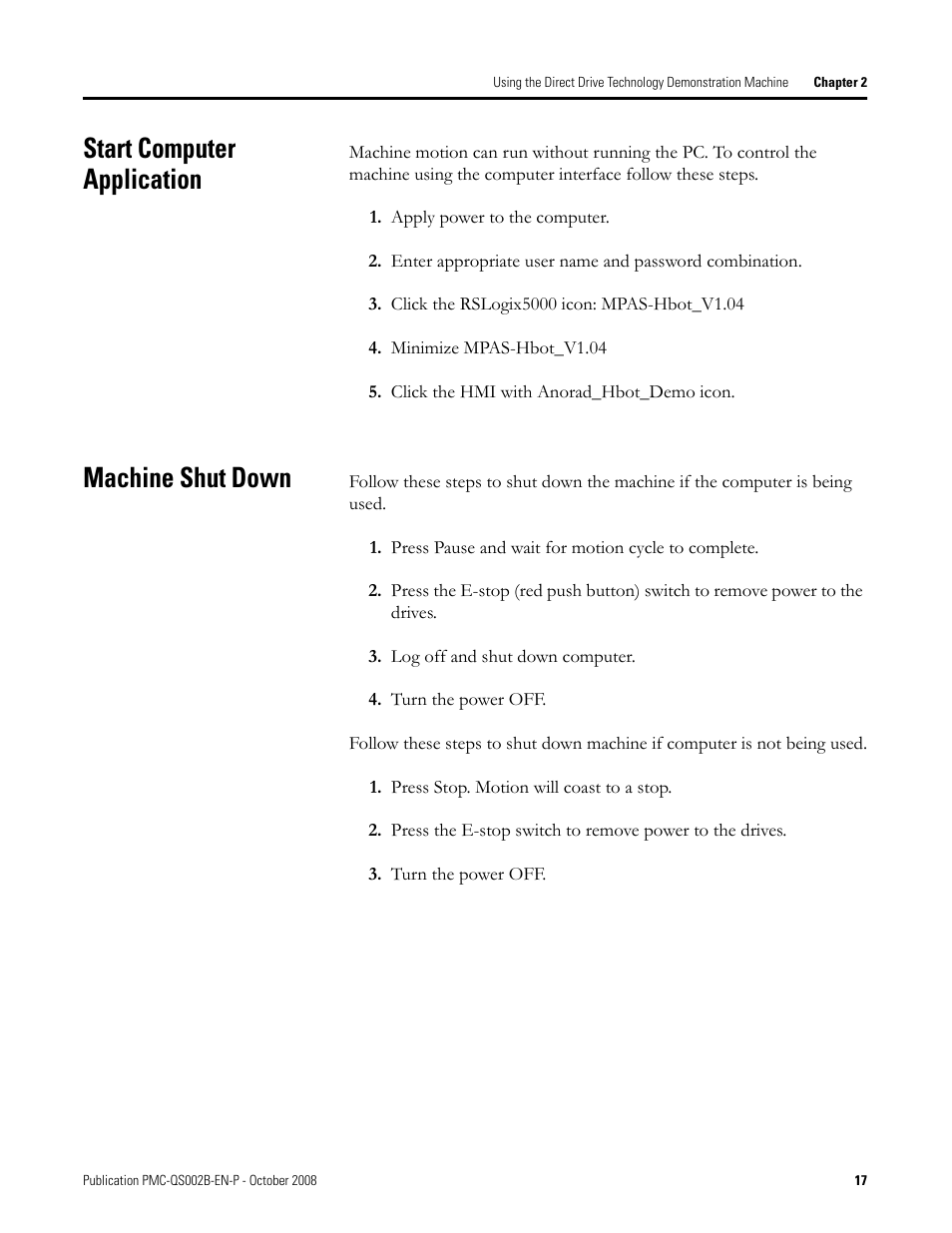 Start computer application, Machine shut down, Start computer application machine shut down | Start, Computer, Application, Machine shut, Down | Rockwell Automation Direct Drive Technology Demonstration Machine User Manual | Page 17 / 24