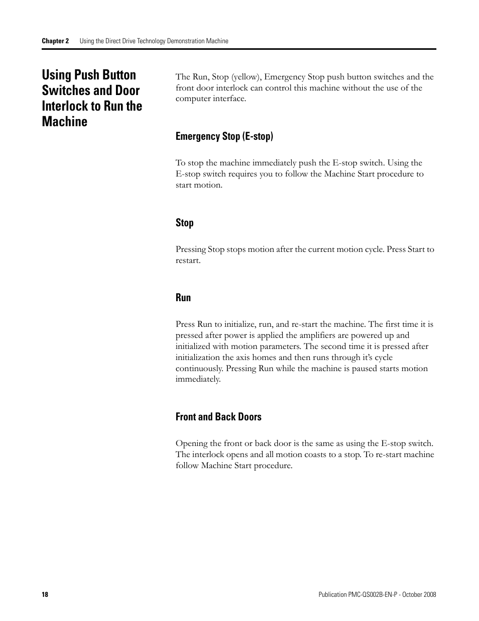 Emergency stop (e-stop), Stop, Front and back doors | Emergency stop stop run front and back doors | Rockwell Automation Direct Drive Technology Demonstration Machine User Manual | Page 18 / 24