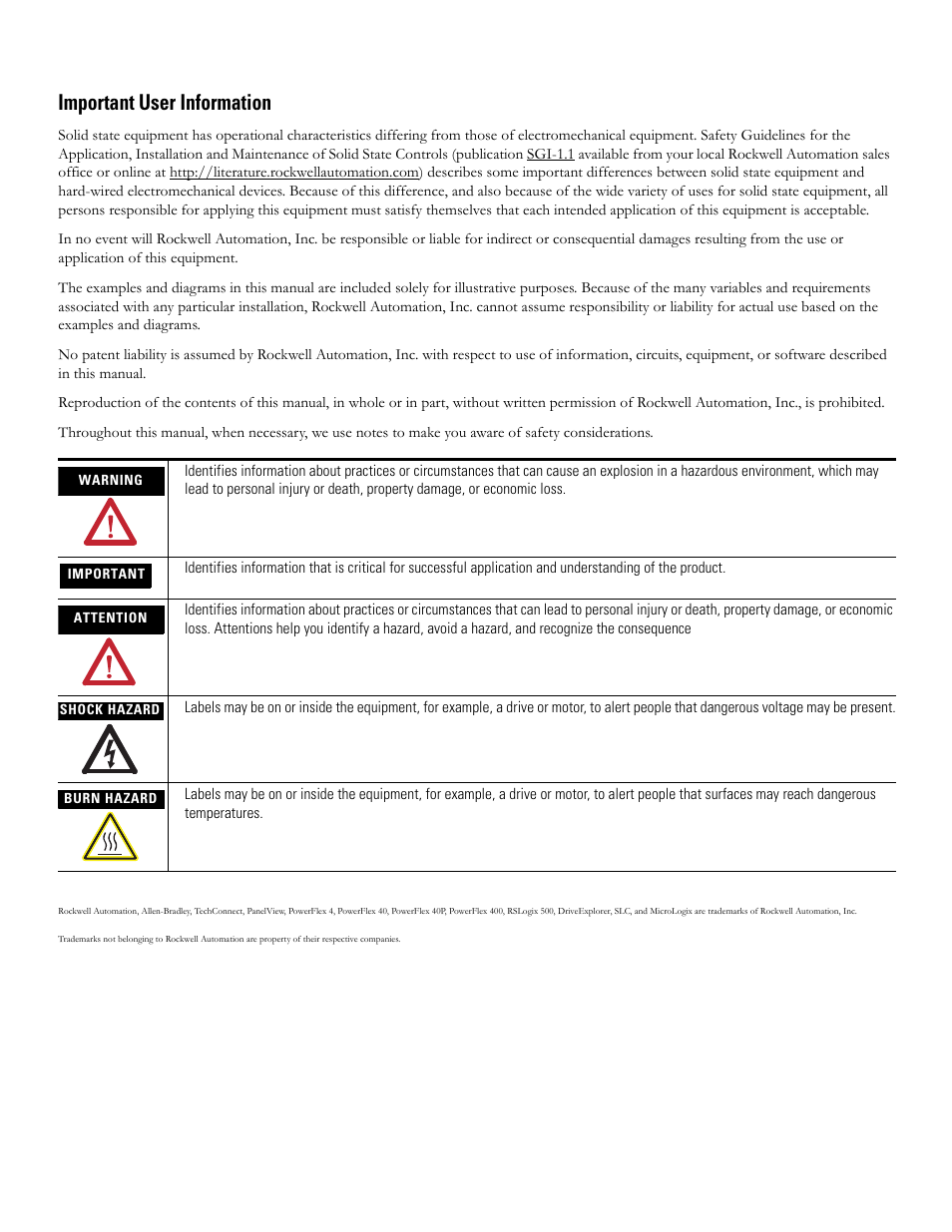 Important user information | Rockwell Automation Direct Drive Technology Demonstration Machine User Manual | Page 2 / 24