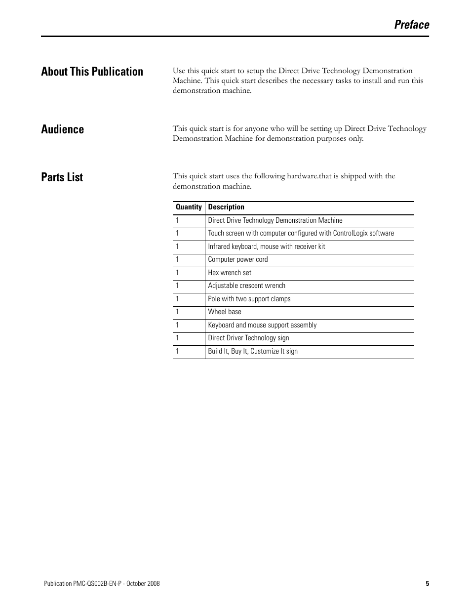 Preface, About this publication, Audience | Parts list, About this publication audience parts list, Preface about this publication | Rockwell Automation Direct Drive Technology Demonstration Machine User Manual | Page 5 / 24