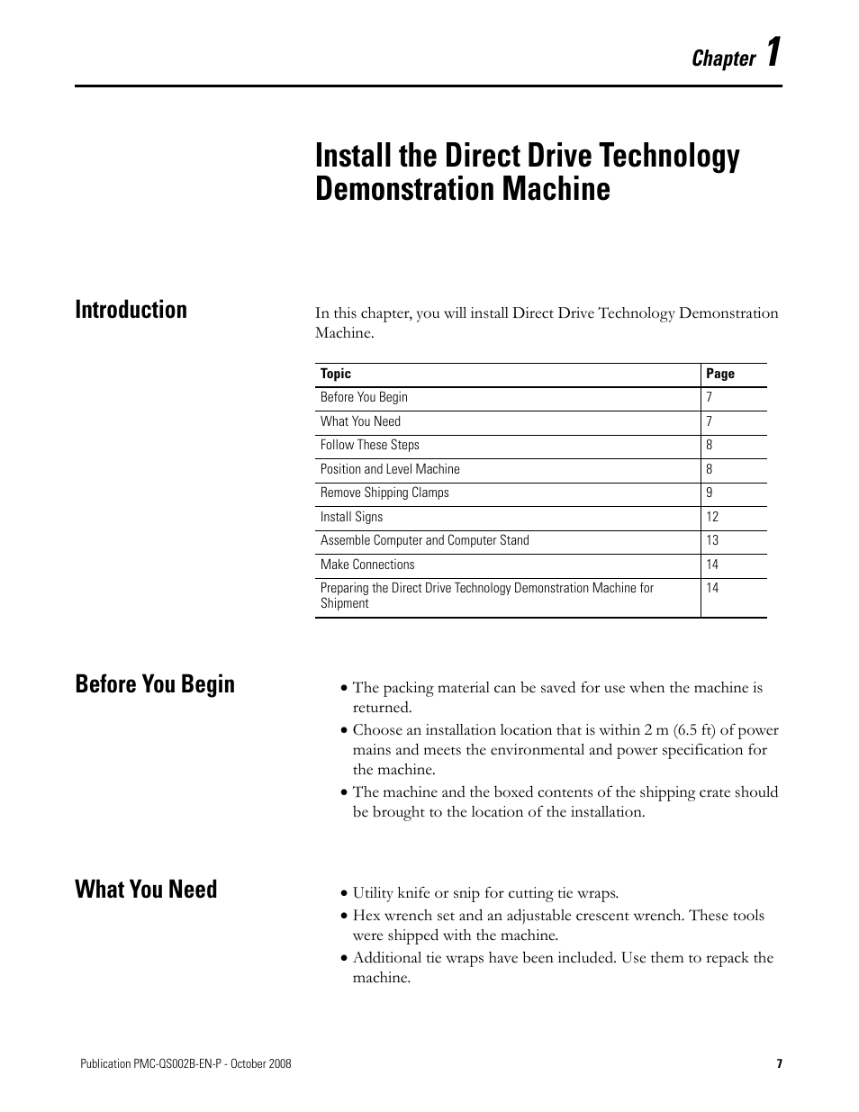 Chapter 1, Introduction, Before you begin | What you need, Introduction before you begin what you need, Chapter | Rockwell Automation Direct Drive Technology Demonstration Machine User Manual | Page 7 / 24